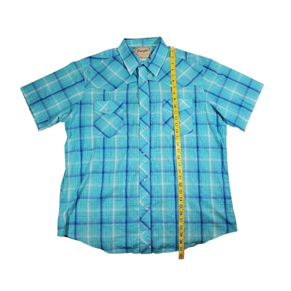 Wrangler Western Shirt Mens XL Teal Blue Plaid Pearl Snap Short Sleeve - Picture 4 of 5